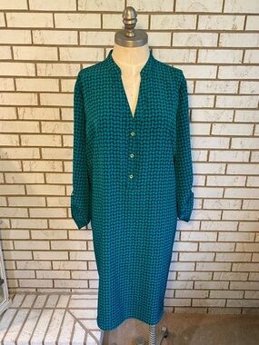 Green Geometric Long Sleeve Shift Dress - Women